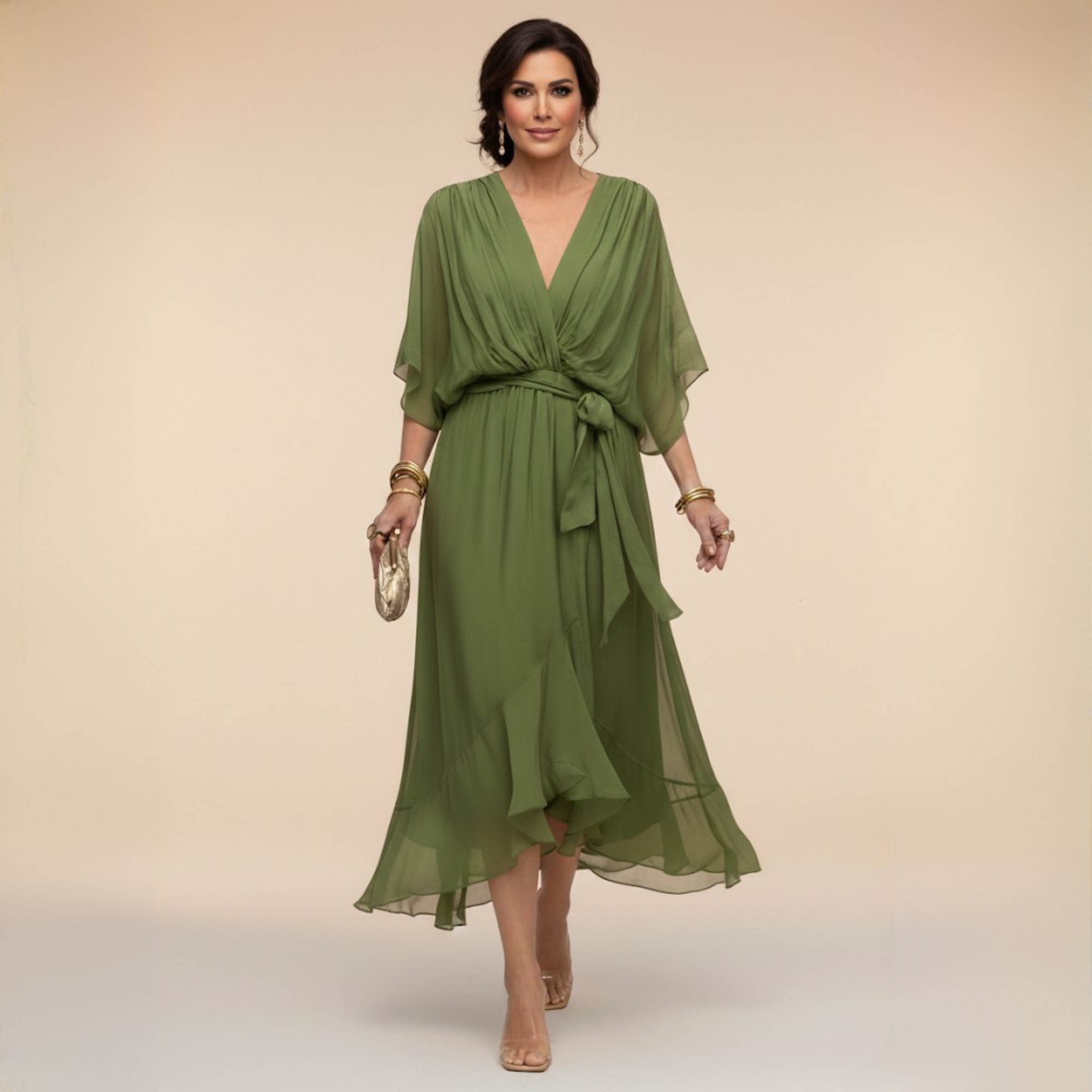 Vestido Midi Fluido con Escote en V