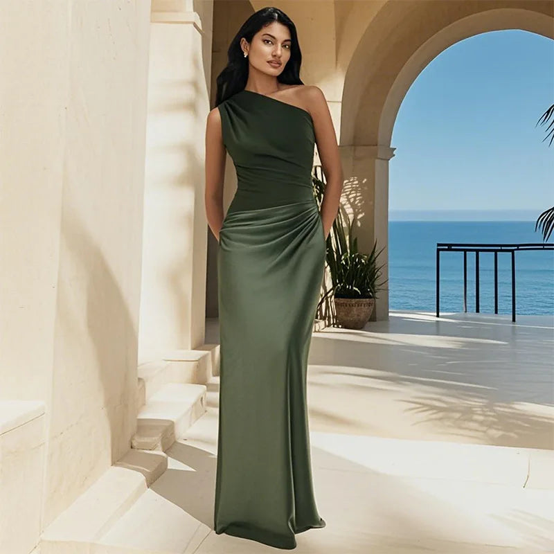 Vestido Maxi de Satén con Un Solo Hombro