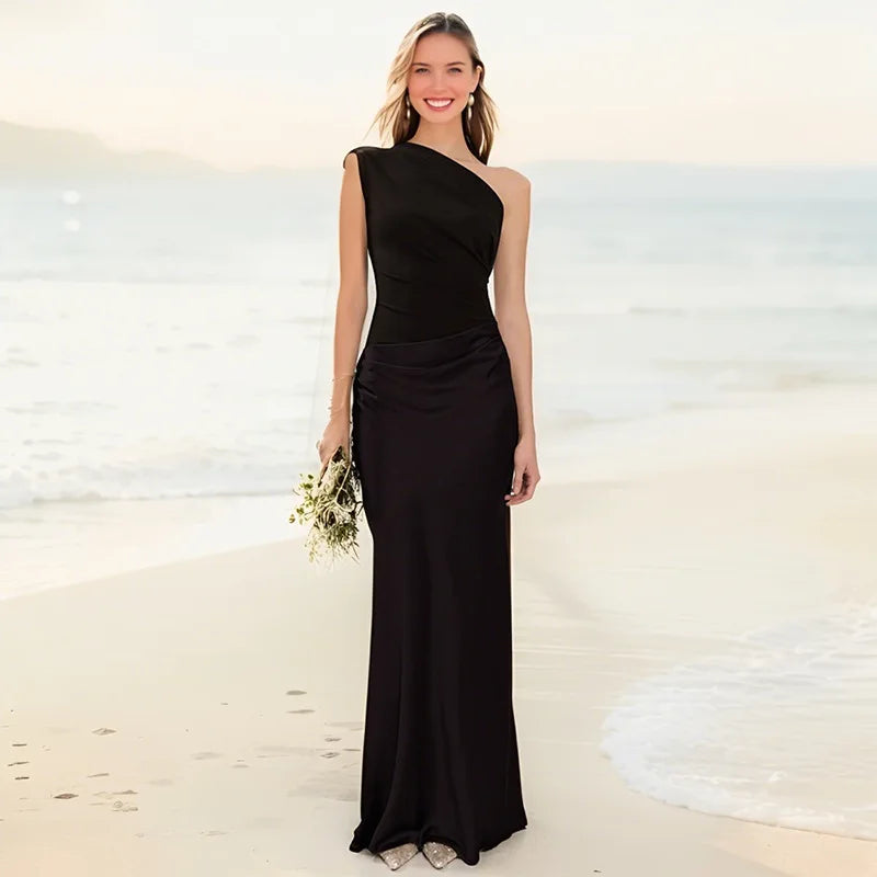 Vestido Maxi de Satén con Un Solo Hombro